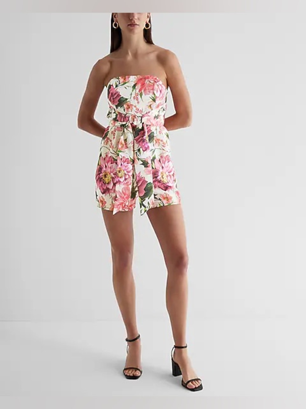 Satin Floral Strapless Tie Waist Romper